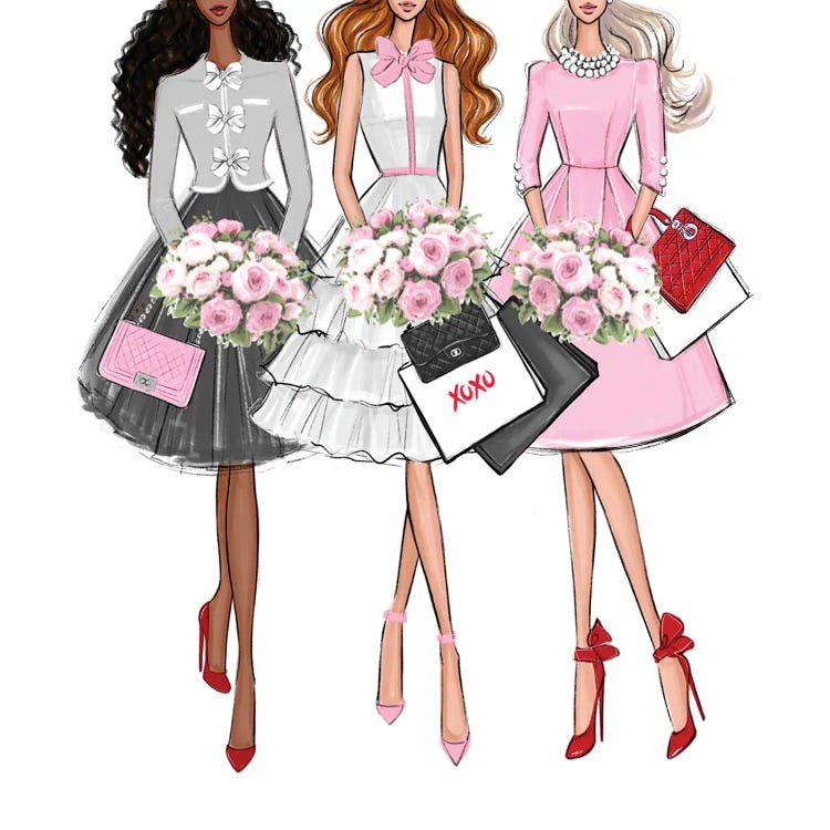 Three Fashionista Girls With Flowers by LaLana Arts wall art