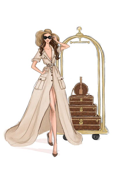LaLana Arts: Chic Lady In Safari Dress With Suitcases by LaLana Arts