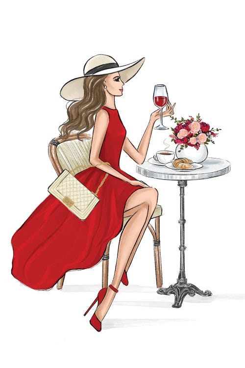 Lady In Red Dress Sipping Wine