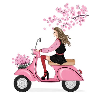 Girl On Scooter Cherry Blossom by LaLana Arts framed wall art