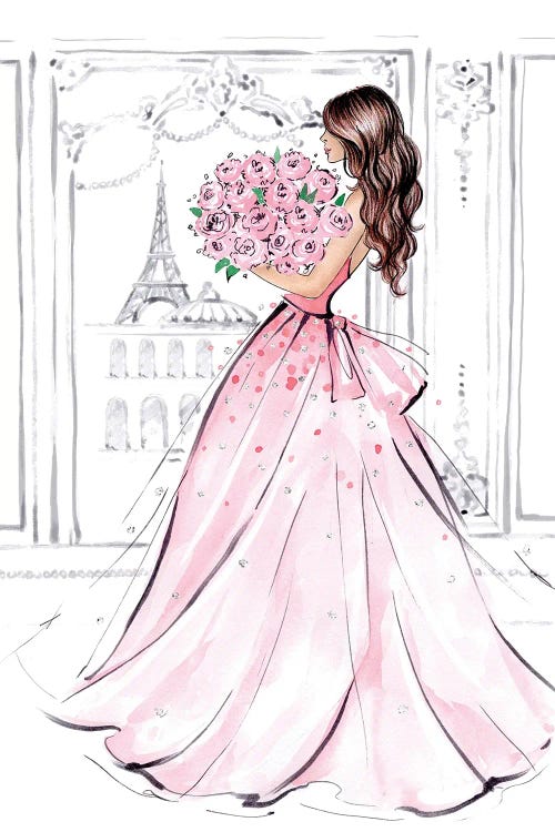 Girl With Rose Bouquet Brunette by LaLana Arts wall art