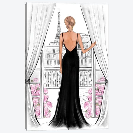 Lady In Black Dress In Paris Blonde Canvas Print #LLN27} by LaLana Arts Canvas Art Print
