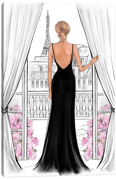 Lady In Black Dress In Paris Blonde Canvas Art Print - LaLana Arts