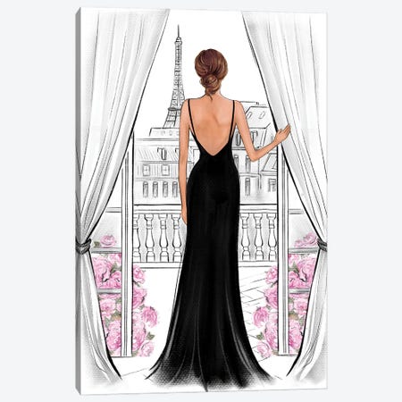 Lady In Black Dress In Paris Natural Canvas Print #LLN30} by LaLana Arts Canvas Print