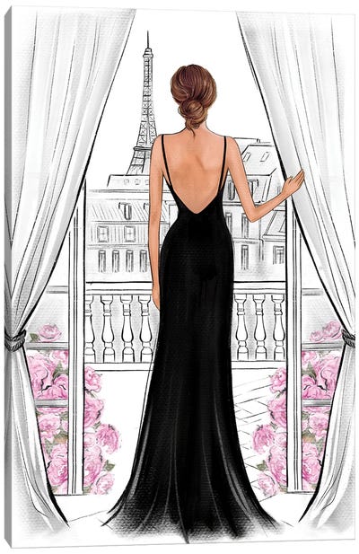 Lady In Black Dress In Paris Natural Canvas Art Print - Fashion Illustrations
