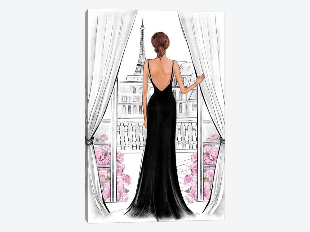 Lady In Black Dress In Paris Natural by LaLana Arts 1-piece Canvas Print