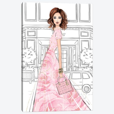 Rose Pink Dress Brunette Girl Canvas Print #LLN61} by LaLana Arts Canvas Artwork