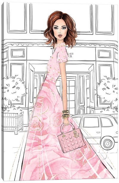 Rose Pink Dress Brunette Girl Canvas Art Print - LaLana Arts