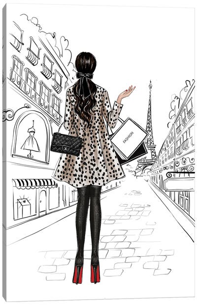 Shopping In Paris Brunette Girl Canvas Art Print - Shopping Art