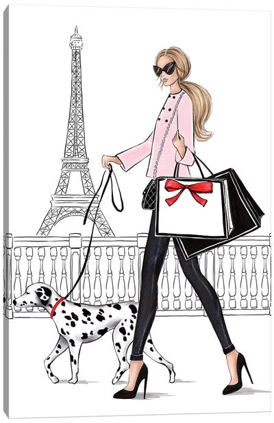 Girl With Dalmateen In Paris Blonde Canvas Art Print - The Eiffel Tower