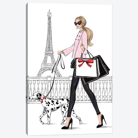 Girl With Dalmateen In Paris Blonde Canvas Print #LLN85} by LaLana Arts Canvas Print