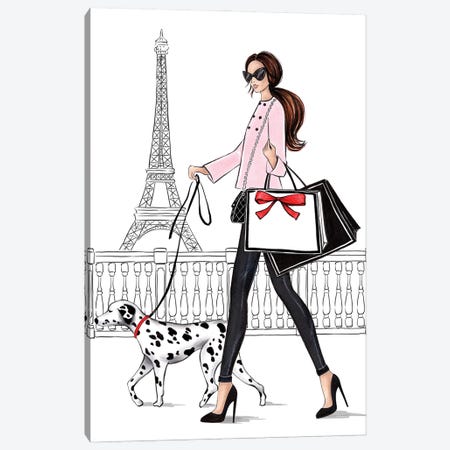Girl With Dalmateen In Paris Brunette Canvas Print #LLN86} by LaLana Arts Canvas Art Print