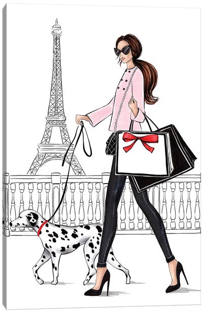 Girl With Dalmateen In Paris Brunette Canvas Art Print - Shopping Art