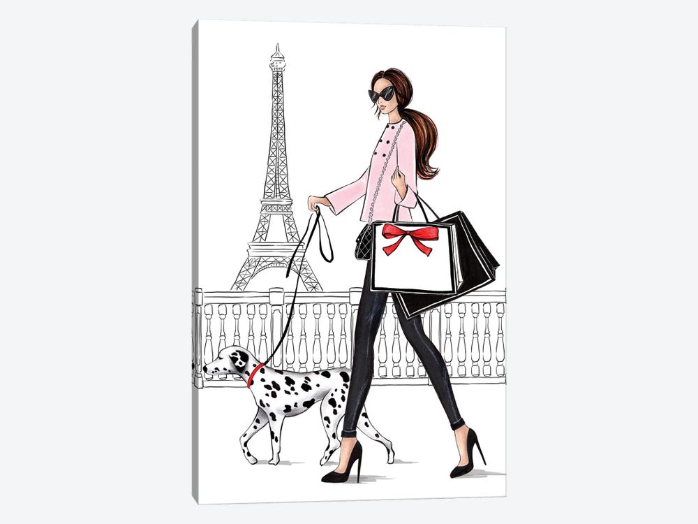 Girl With Dalmateen In Paris Brunette by LaLana Arts 1-piece Canvas Wall Art