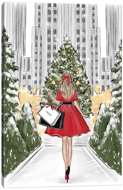 Rockefeller Center Blonde Girl Canvas Art Print - Christmas Trees & Wreath Art