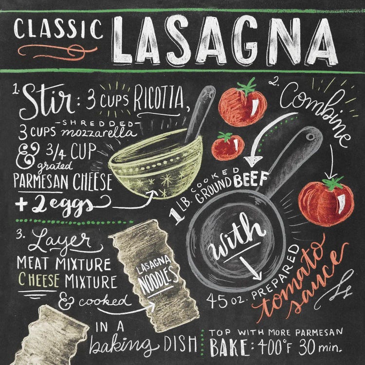 Lasagna Recipe Canvas Artwork by Lily & Val | iCanvas