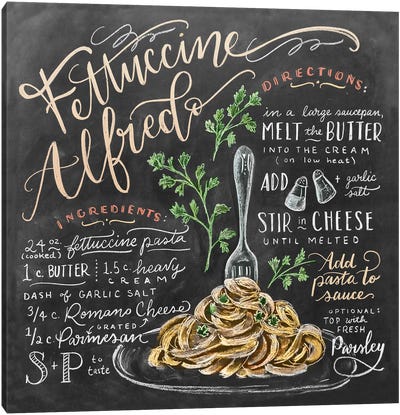 Fettuccine Alfredo Recipe Canvas Art Print - Food & Drink Typography