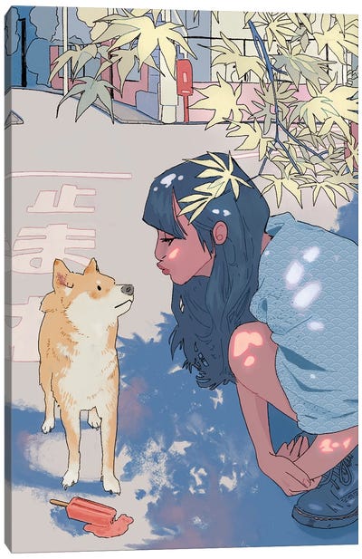 Girl And The Shiba Canvas Art Print - Anime Art