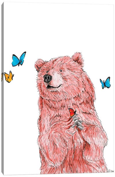 Bear With Butterflies Canvas Art Print - Brown Bear Art
