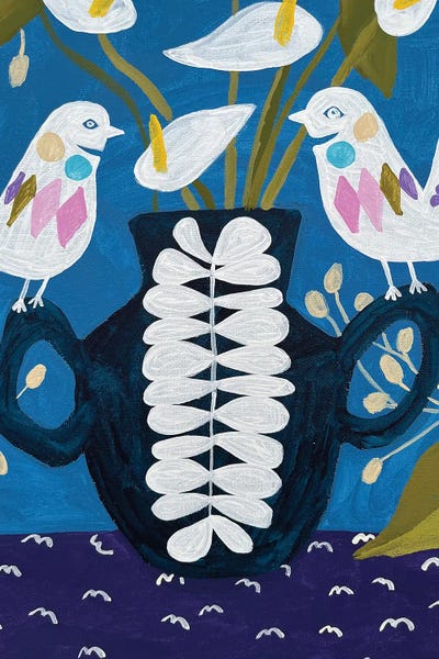 Flowers In A Vase On Tablecloth With Birds by Lenka Stastna art print