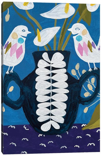 Flowers In A Vase On Tablecloth With Birds Canvas Art Print - Lenka Stastna