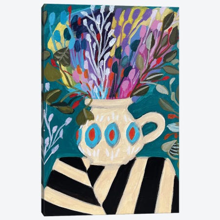 Flowers In Vase On Striped Tablecloth Canvas Print #LNK27} by Lenka Stastna Art Print