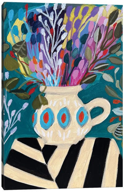 Flowers In Vase On Striped Tablecloth Canvas Art Print - Lenka Stastna