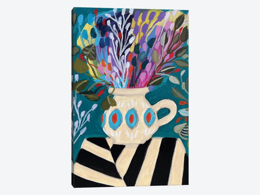 Flowers In Vase On Striped Tablecloth by Lenka Stastna 1-piece Canvas Print