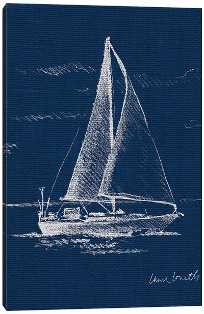 Sailboat on Blue Burlap I Canvas Art Print - Lanie Loreth