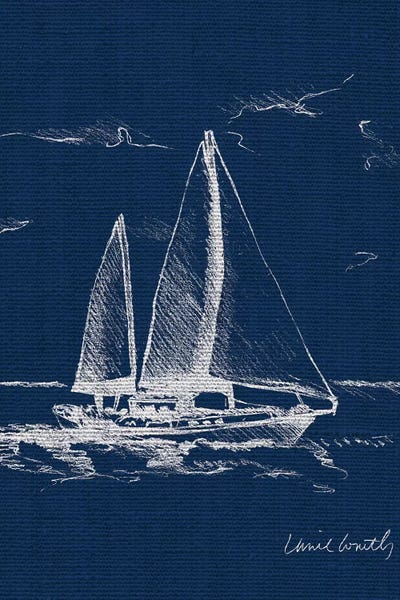 Lanie Loreth: Sailboat on Blue Burlap II by Lanie Loreth