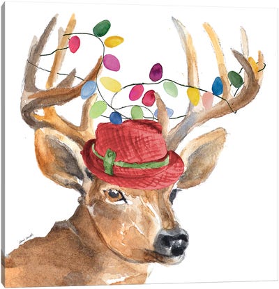 Christmas Light Reindeer Hat Canvas Art Print - Deer Art