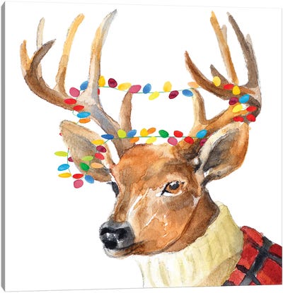 Christmas Lights Reindeer Sweater Canvas Art Print - Lanie Loreth