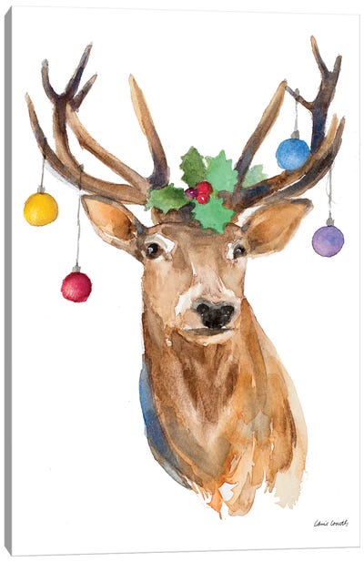 Deer with Holly and Ornaments Canvas Art Print - Reindeer Art