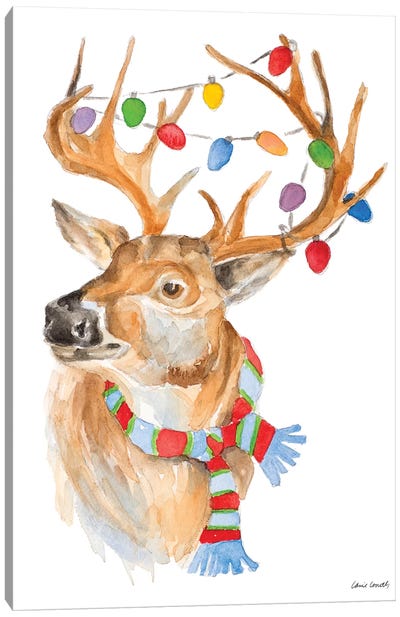 Deer with Lights and Scarf Canvas Art Print - Reindeer Art