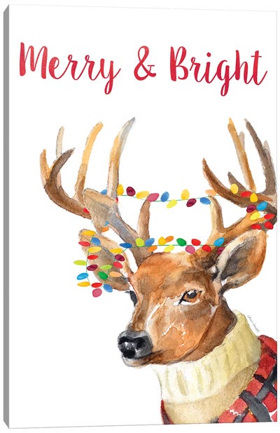 Merry and Bright Reindeer Canvas Art Print - Christmas Animal Art