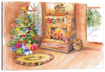 Santa's Fireplace and Tree Scene Canvas Art Print - Home for the Holidays