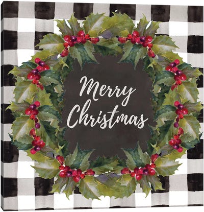 Buffalo Plaid Christmas Wreath Canvas Art Print - Christmas Signs & Sentiments