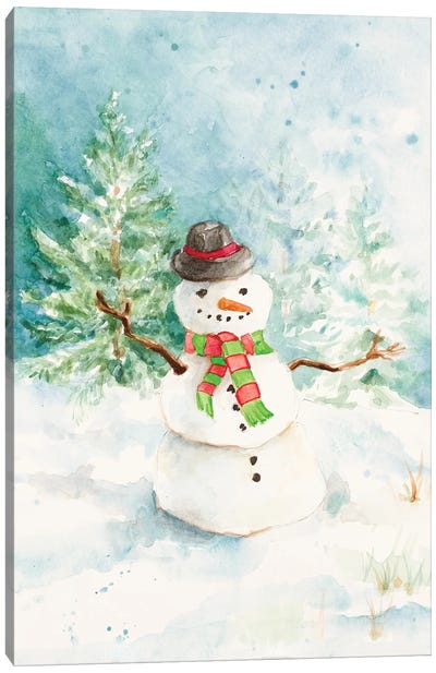 Snowman In The Pines Canvas Art Print - Snowman Art