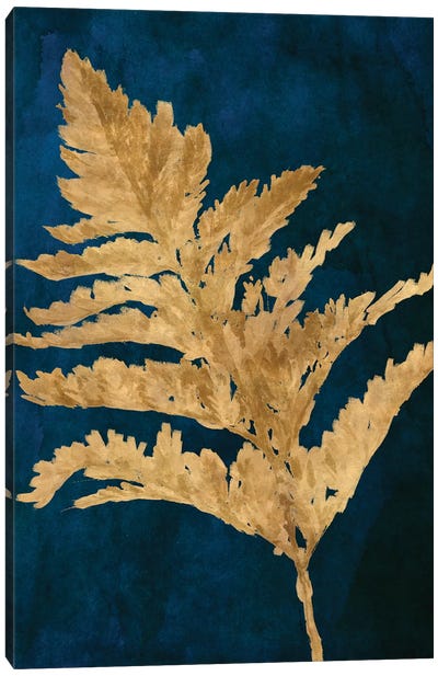 Gold Leaves on Navy I Canvas Art Print - Blue & Gold Art