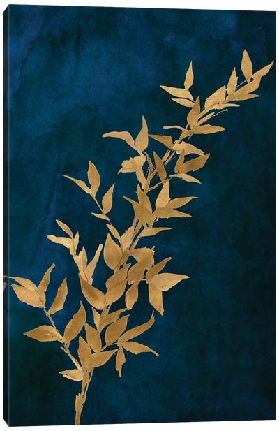 Gold Leaves on Navy II Canvas Art Print - Blue & Gold Art