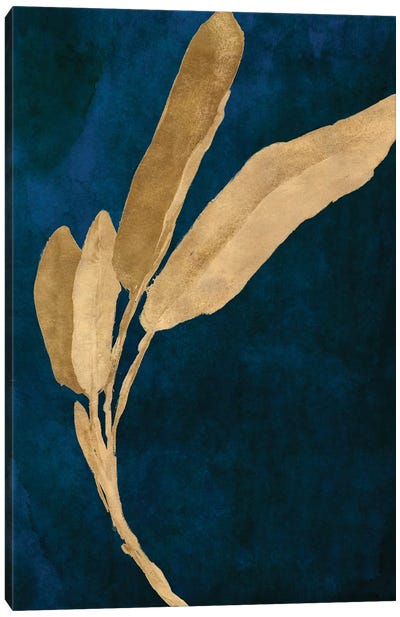 Gold Leaves on Navy III Canvas Art Print - Blue & Gold Art