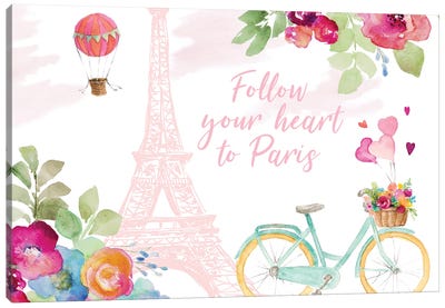 Follow Your Heart to Paris Canvas Art Print - Hot Air Balloon Art