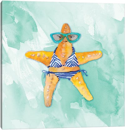 Blue Bikini Starfish on Watercolor Canvas Art Print - Lanie Loreth