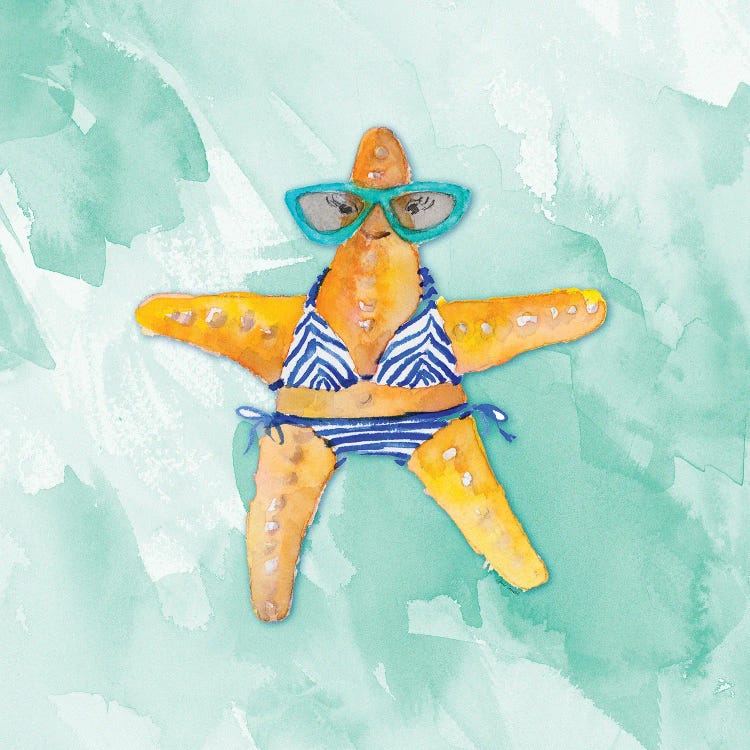 Blue Bikini Starfish on Watercolor