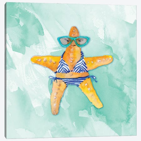 Blue Bikini Starfish on Watercolor Canvas Print #LNL598} by Lanie Loreth Art Print