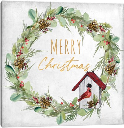 Merry Christmas Wreath and Bird House Canvas Art Print - Rustic Winter