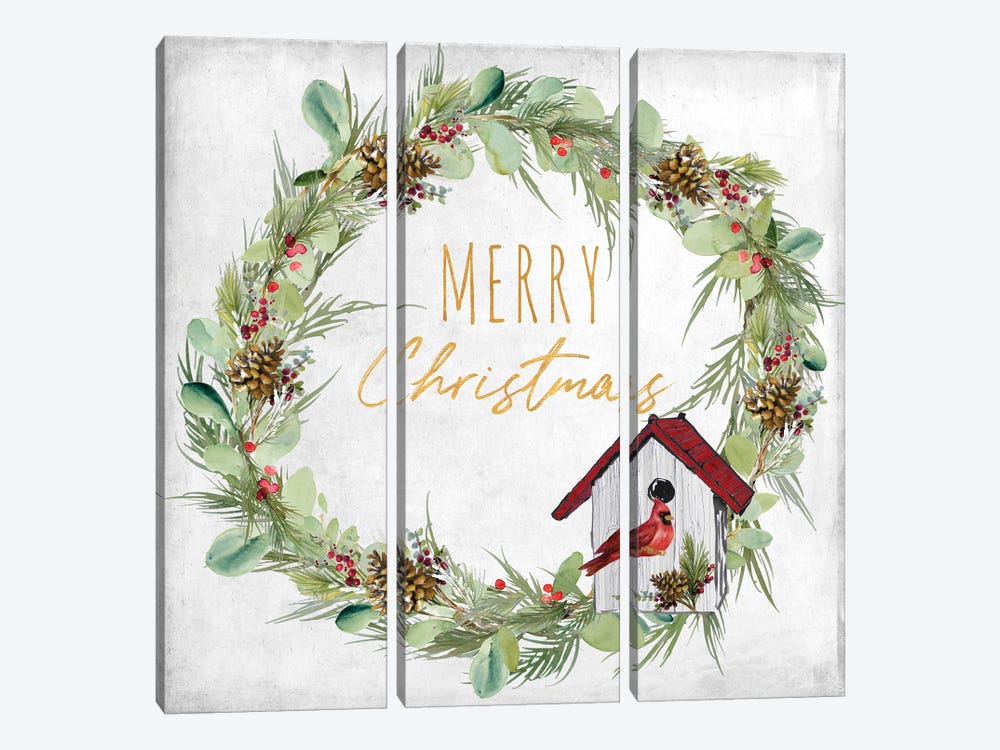 Merry Christmas Wreath and Bird House by Lanie Loreth 3-piece Canvas Print