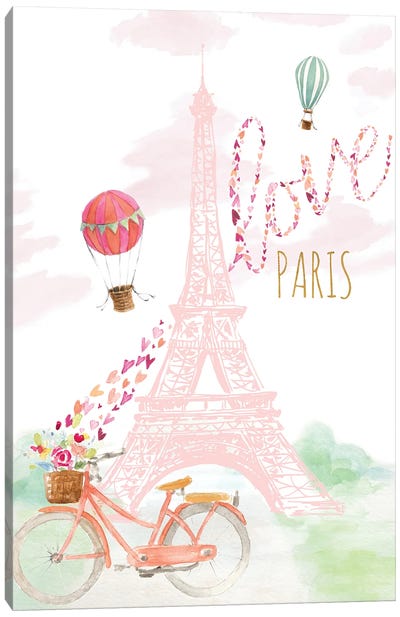 Pink Eiffel Bike Ride Canvas Art Print - Paris Typography