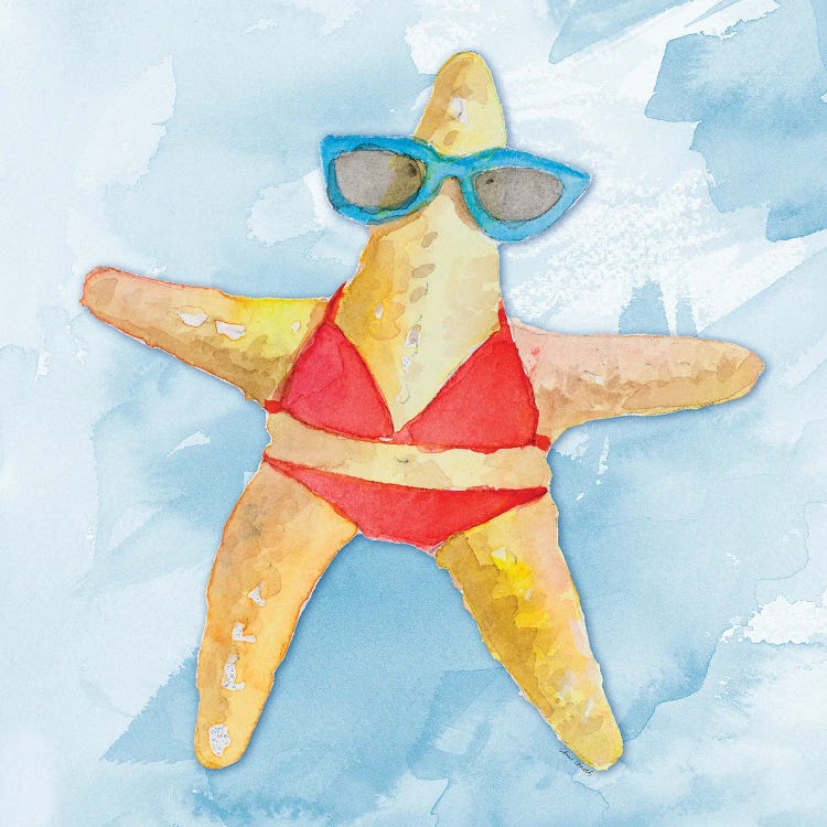 Red Bikini Starfish on Watercolor
