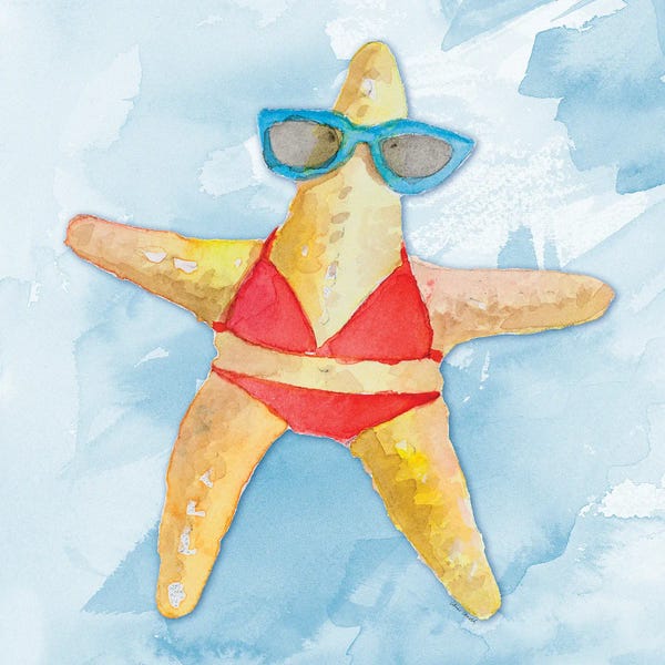 Red Bikini Starfish on Watercolor